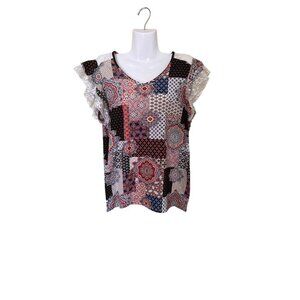 Patchwork Print Boho Top With Lace Ruffle Sleeves Bobbie Brooks Large Lagom
